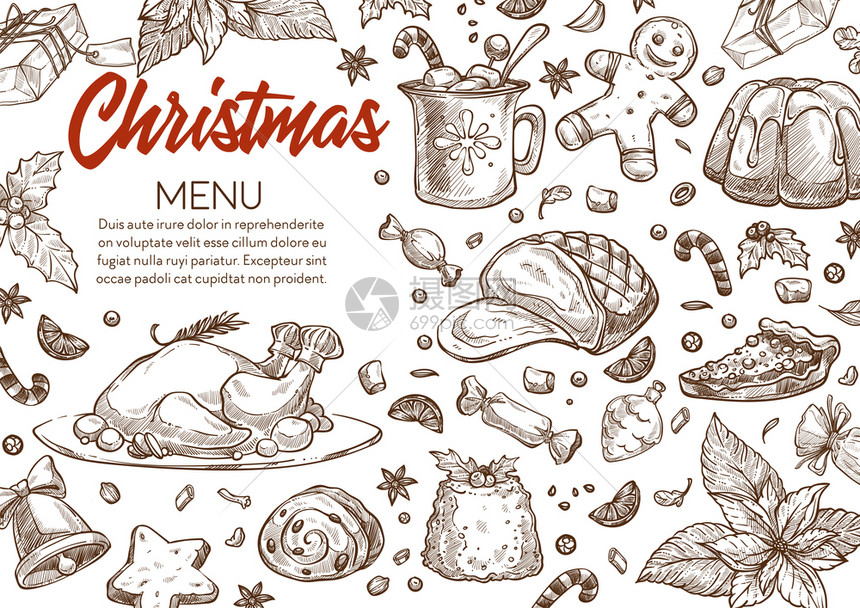 带有传统餐具的菜单用于庆祝圣诞节产品和膳食烤鸡布丁姜饼干和热饮单色素描大纲平式矢量圣诞菜单复制空间和色食物图片