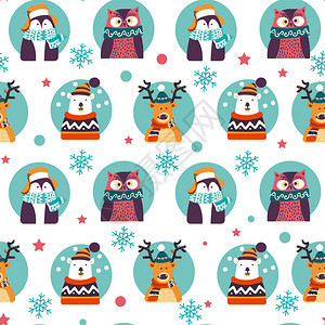 鹿和企鹅猫头鹰北极熊Xma和新年庆祝活动鹿和带雪花的鸟类无缝模式平矢量动物品熊和鹿背景图片