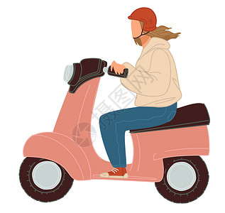 戴头盔的女士骑摩托车的女格士使用生态运输方式往返工作或回家城市镇的交通替代生态能源平式病媒骑摩托车的女士生态运输矢量图片