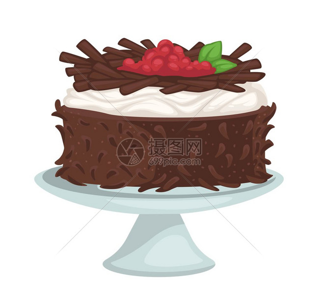 餐盘馆或咖啡菜单上的甜点和巧克力蛋糕鲜果子和慕丝可肉桂顶部的装饰叶面包店产品平式的矢量红莓和奶油矢量图片