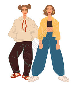 穿着现代城市服装的青少年穿着连帽衫毛衣外套和现代牛仔裤的孤立少女服装商店或种类的模型平式病媒穿着现代服装的时少女图片