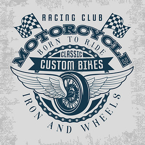 混乱之子摩托车配有赛车俱乐部典型定制自行车铁轮和子的式机翼印刷品插画