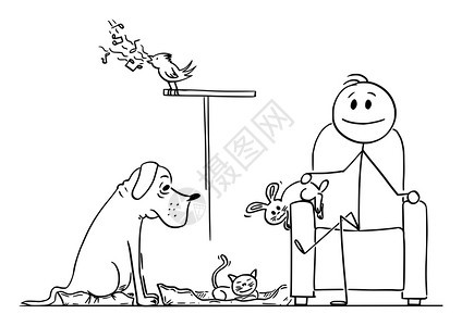 享受坐在椅子上与宠物狗兔子鸟和猫坐在一起矢量卡通插图或格图片