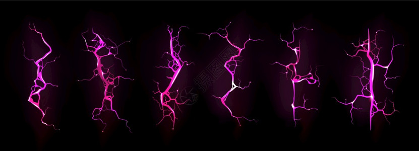 电闪夜风暴雷击撞裂缝粉色的神奇能量闪光黑色背景的电源释放现实的3D矢量螺栓设置夜间风暴时电击图片