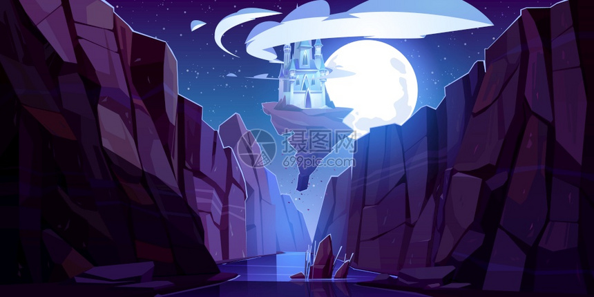 夜幕下方的飞行魔法城堡仙女宫殿在黑暗的天空中漂浮在山峡的岩石上满月午夜风景的幻想堡垒卡通矢量插图夜空的飞行魔法城堡在黑暗的天空下图片