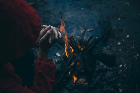 森林中冬季夜间营火烘烤和温暖舒适概念图片