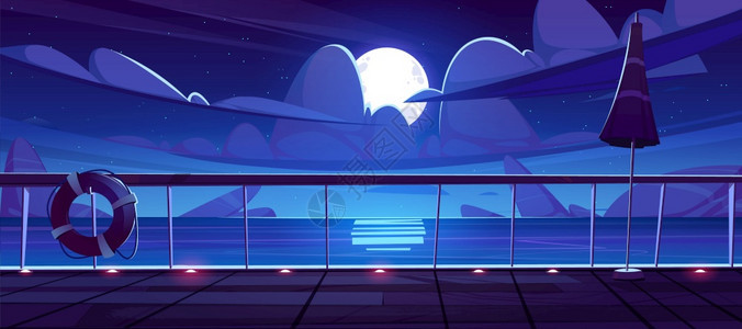 游轮甲板的夜视海景矢量插画图片