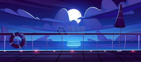 游轮甲板的夜视海景矢量插画图片