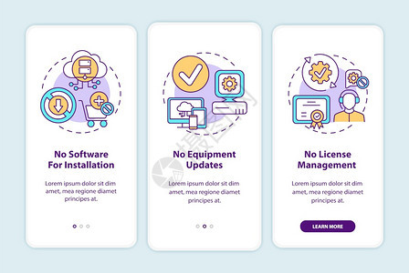 SaaS的好处加入带有概念的移动应用程序页面屏幕没有安装软件更新行进三步图形指示带有RGB颜色插图的UI矢量模板SaaS好处图片