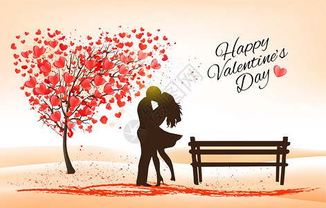 假日情人节和日背景树上有心形的叶子和爱中情侣矢量图片