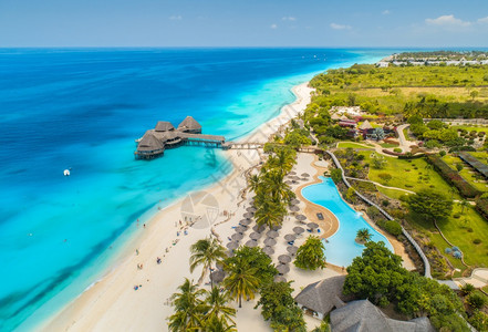 阳光明媚的夏日沙滩上美丽旅馆海边泳池雨伞和绿棕榈树的空中景象图片