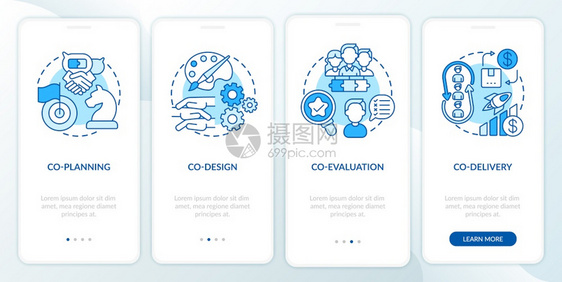 共同规划设计评价四步图形指示配有RGB彩色插图的UI矢量模板配有概念的移动应用程序屏幕图片