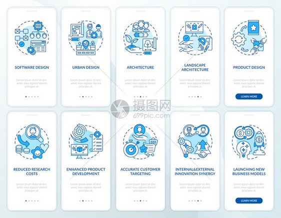 具有一套概念的移动应用程序页面屏幕上的合作开发建筑客户对象目标指通过5步的图形指示配有RGB颜色插图的UI矢量模板带有概念的移动图片