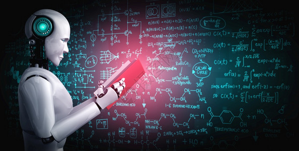 在未来的数学人工智能据挖掘和第四轮工业自动化革命的概念中3D说明机器人造体阅读书和解决数学据分析问题图片