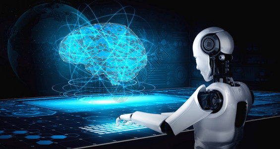 机器人使用笔记本电脑坐在桌面上第四轮工业革命的人智能和机器学习过程中用人工智能思考大脑人工智能和机器学习的概念来说明第四轮工业革图片