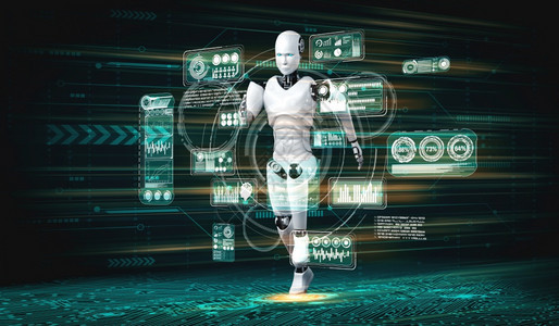 正在运行的机器人类体在未来的创新发展概念中示出快速的移动和重要能量通过机器学习向人工智能大脑和思维发展3D插图图片