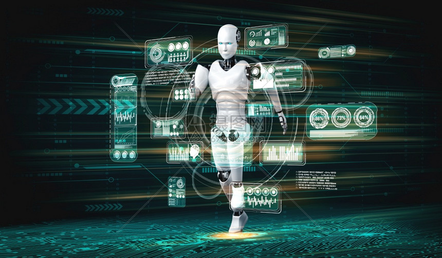 正在运行的机器人类体在未来的创新发展概念中示出快速的移动和重要能量通过机器学习向人工智能大脑和思维发展3D插图图片