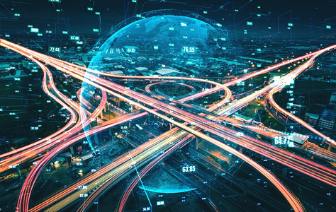 未来公路运输技术与数字据传输图形显示交通量大数据分析概念图片