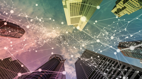 具有全球化抽象图形显示连接网络的智能数字城市想象视觉未来5G智能无线数字城市和社交媒体网络系统的概念图片