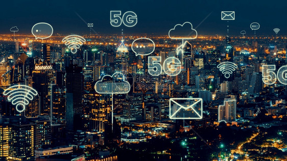 具有全球化抽象图形显示连接网络的智能数字城市未来5G智能无线数字城市和社会媒体联网系统的概念图片