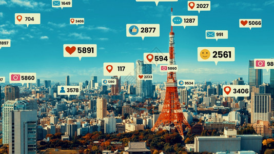 社交媒体图标飞过市区通社交网络应用平台显示民众参与关系图片