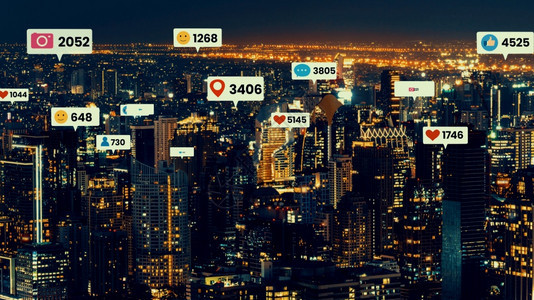 社交媒体图标飞过市区通社交网络应用平台显示民众参与关系图片