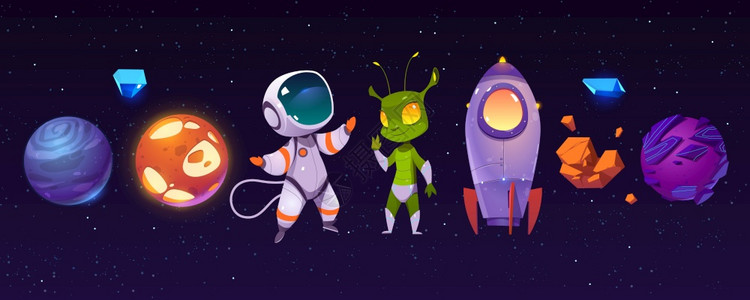 宇宙飞船宇航员和宇宙元素卡通矢量插画插画