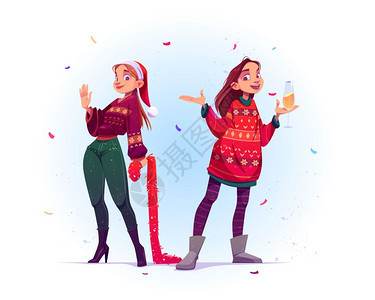 穿着丑陋毛衣的年轻妇女庆祝圣诞节和新年用矢量漫画插图展示与穿针织跳衣的女孩一起Xma贺卡以及带有香槟和罐头的红色圣塔帽图片