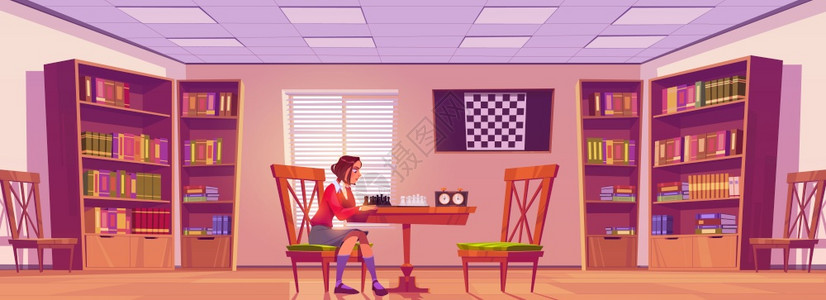 女孩在象棋俱乐部独自一人下棋图片