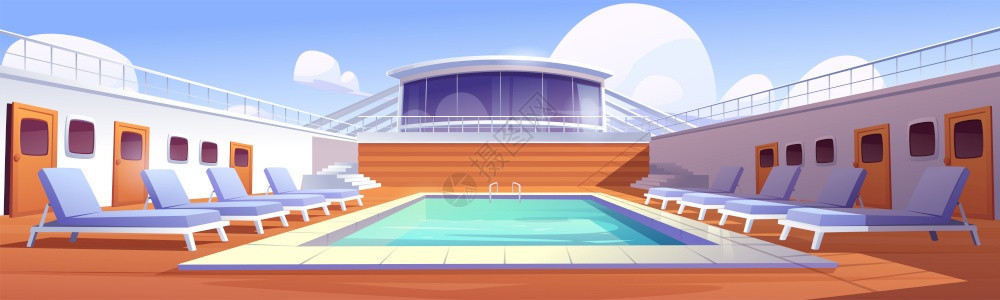 游船甲板泳池插画图片