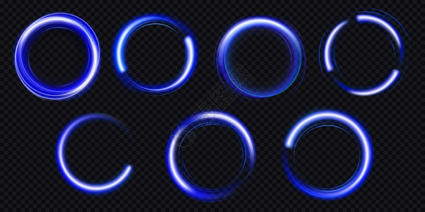 矢量现实的蓝色闪亮环和螺旋在透明背景下隔离的照明线环圆框图片