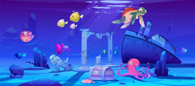 海底海洋野生动物宝藏箱和沉船矢量插画图片