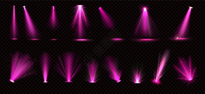来自聚光灯和地面投影仪的粉红光束这些来自在透明背景中隔绝的聚光灯和地板投影仪矢量现实的光线有照明表演音乐会戏剧舞台或讲的光亮粉红图片