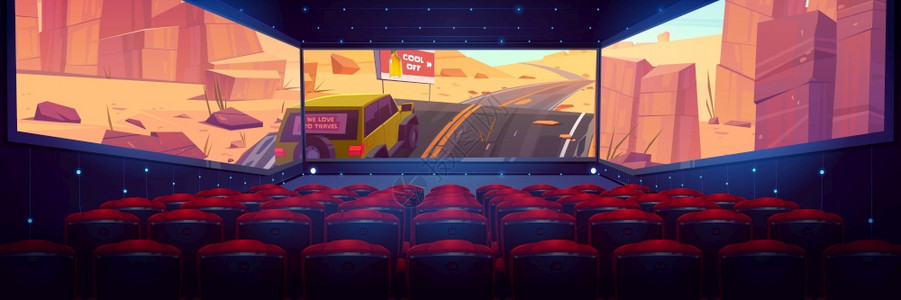 电影院厅三面全景屏幕和红色座位排成一的电影厅黑暗的矢量漫画内部背椅和3D视频以及沙漠路上的汽车在屏幕图片