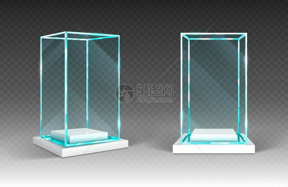 玻璃展示台透明箱前和角视图放在木材或塑料基上水晶块展览或授标讲台光滑的孤立物体现实的3D矢量图玻璃展示透明框图片