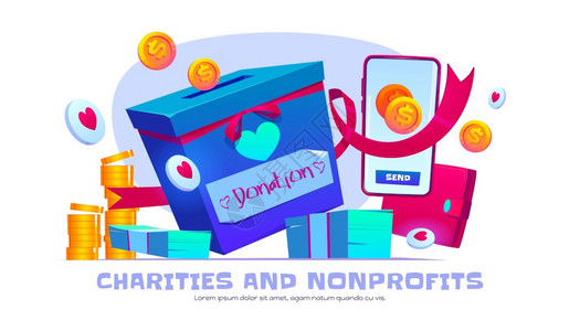 慈善和非营利组织漫画横幅捐赠箱智能手机硬币和带钱包丝的钞票捐赠志愿帮助和基金会援慈善媒介概念图片