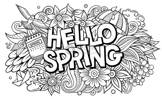 HelloSpringhand画了卡通图纸有趣的季节设计创意艺术矢量背景带有自然元素和物体的手写文字Spring画了卡通图纸有趣图片