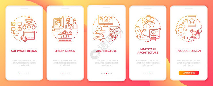 带有概念的移动应用程序页面屏幕上共同设计应用字段软件设计行走5步图形指示的景观设计带有RGB颜色插图的UI矢量模板带有概念的移动图片