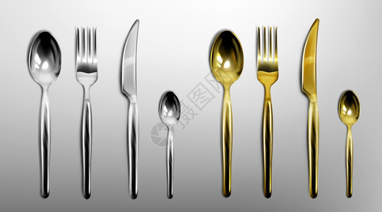 3d金和银色叉刀勺子和茶匙的3D餐具银和金饮奢华金属具顶端视窗以灰色背景隔离现实矢量图3d餐具金和银叉刀勺子图片