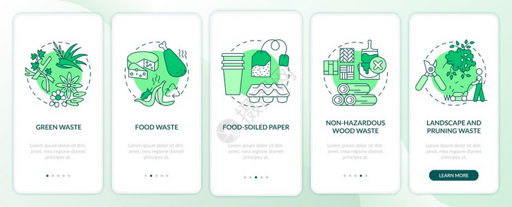 绿色食品污染木材废物横穿5步图示说明配有RGB颜色插图的UI矢量模板带有概念的机废物在移动应用程序页面屏幕上图片