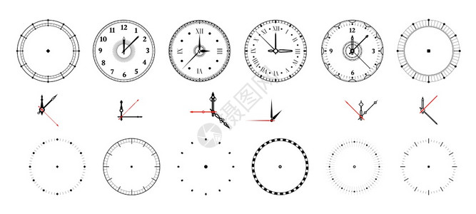时钟脸古老和现代手表拨号配有装饰和最小箭头罗马或阿拉伯数字和测量指示器调时计设样板包矢量圆时针设样板圆形钟面罗马或阿拉伯数字和指背景图片