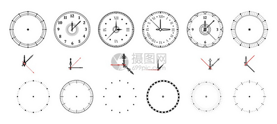 时钟脸古老和现代手表拨号配有装饰和最小箭头罗马或阿拉伯数字和测量指示器调时计设样板包矢量圆时针设样板圆形钟面罗马或阿拉伯数字和指图片