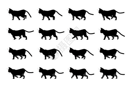 猫步动画家畜活休眠用黄色眼睛走路的黑小猫移动宠物的侧面视图卡通小猫的单形图案步骤的动画序列矢量字符运动猫步画移宠物的侧面图案卡通图片