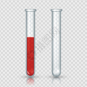 带血液的测试管现实化的验室设备透明背景的空和满玻璃瓶对称装有红色液体的实验室瓶子用于实验的单独医疗标本矢量集透明背景的空和满玻璃图片