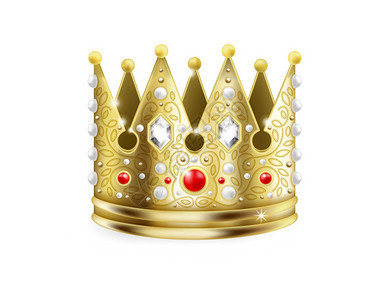 金冠3D王真实的金子上面装饰着红宝石闪亮的钻和珍珠孤立的国王加冕首饰君主制和皇室的象征矢量首饰真实上面装饰着红宝石君主制和王室的图片