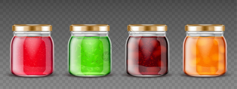Jam罐装有水果冻的玻璃容器装有果冻的彩色Gelatin果冻酱的彩色袋装有盖的设计模型在透明背景中隔离的不同颜色保护管现实的3D图片