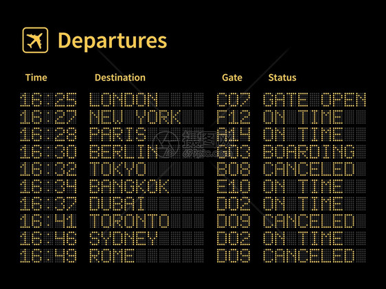 飞机起和终点站登机时间表信息浅黄点字母和黑板号码仪表登机状态矢量概念飞行时间表机场领板仪表矢量概念飞行时间表图片