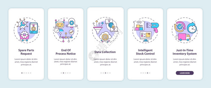 带有概念的移动应用程序页面屏幕上的M2M通信类型备件请求数据收集通过5步图形指示配有RGB颜色插图的UI矢量模板带有概念的移动应图片