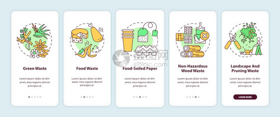 绿色食品非危险木材废物横穿5步图示说明带有RGB颜色插图的UI病媒模板带有概念的机废物类型带有概念的移动应用程序页面屏幕图片