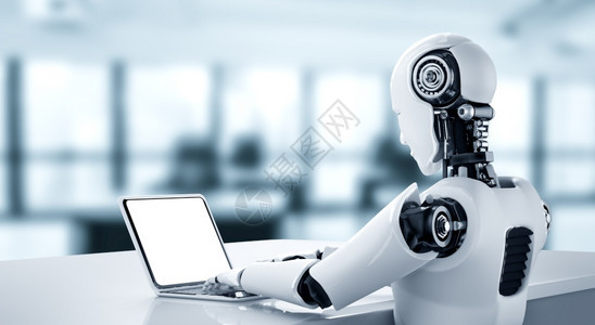 机器人使用笔记本电脑坐在未来办公室的桌子上同时使用人工智能思考大脑人工智能和机器学习过程第四次工业革命3D插图机器人使用笔记本电图片